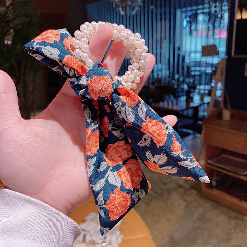Pearl Hair Tie Broken Flower Bow Ribbon Rubber Band Hair Strap Female Hair Tie Strap Hair Accessories - Hair Your Lux