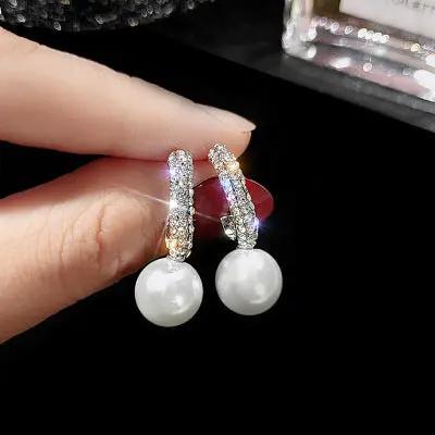 Sterling Silver Needle Diamond C- Shaped Pearl Earrings For Women Japanese And Korean Style Graceful Online Influencer Ear Rings Simple Cold Style Earrings - Hair Your Lux