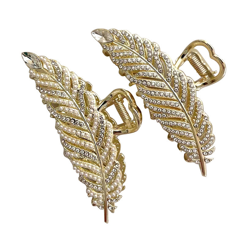 Feather Hair Grip Clamp With Outstanding Pearl and Crystal Diamond Accents - Hair Your Lux