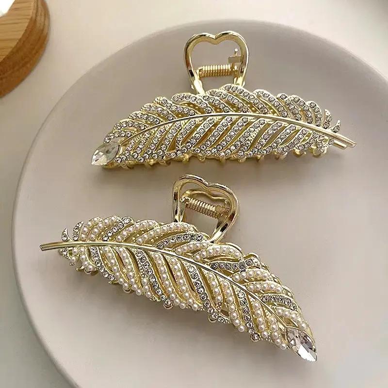 Feather Hair Grip Clamp With Outstanding Pearl and Crystal Diamond Accents - Hair Your Lux
