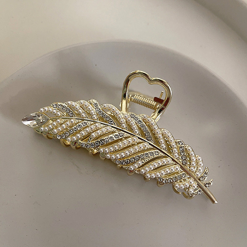 Feather Hair Grip Clamp With Outstanding Pearl and Crystal Diamond Accents - Hair Your Lux