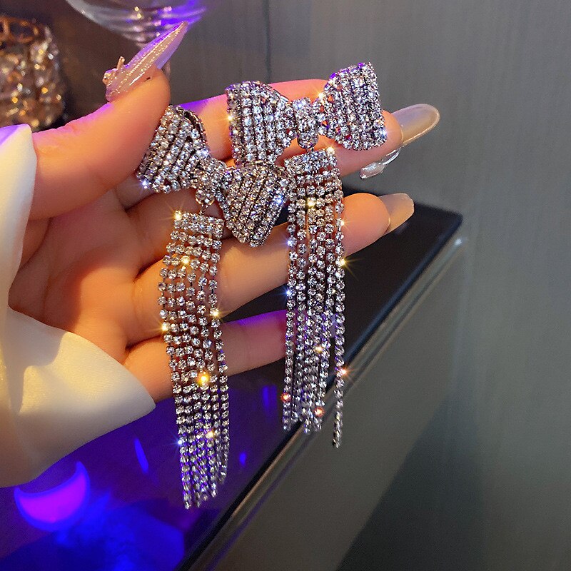 European And American Exaggerated Long Full Diamond Bow Tassel Earrings New Trendy Elegant High Sense Elegant Earrings Earrings For Women - Hair Your Lux