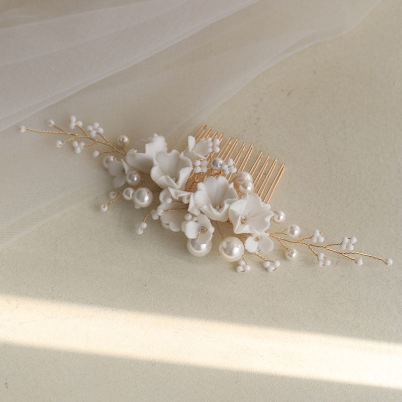 White Ceramic Flower Bridal Hair Comb Shell - Hair Your Lux