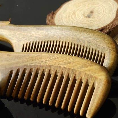 Hair Comb Round Handle Green Sandalwood With Scalp Massaging Tips to Increase Blood Flow