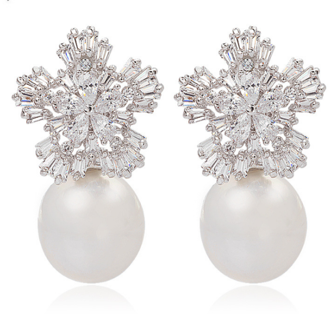 Stunning Pearl And Crystal Cubic Zirconia Stud Earrings Luxury Snowflake Fashion Jewelry - Hair Your Lux