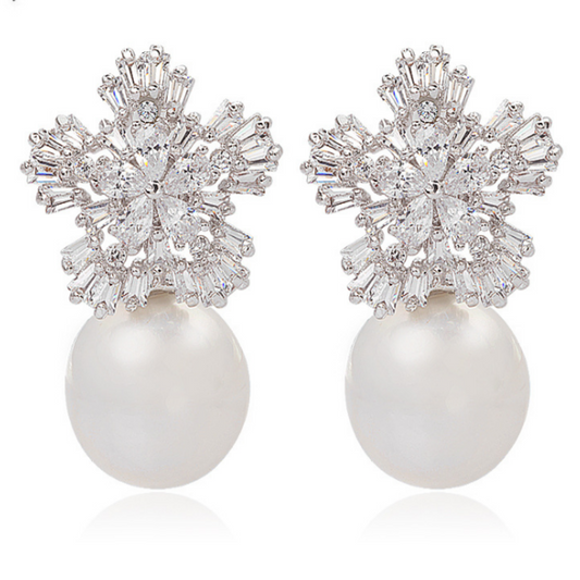 Stunning Pearl And Crystal Cubic Zirconia Stud Earrings Luxury Snowflake Fashion Jewelry - Hair Your Lux