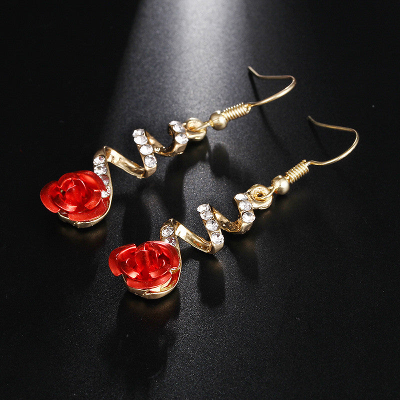 Fashion Jewelry Ethnic Red Rose Drop Earrings Big Rhinestone Earrings Vintage For Women Rose Gold Spiral Dangle Earring - Hair Your Lux