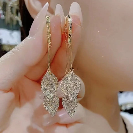 New Trendy Style Full Of Diamond Leaves Tassel Earrings Versatile For Women - Hair Your Lux