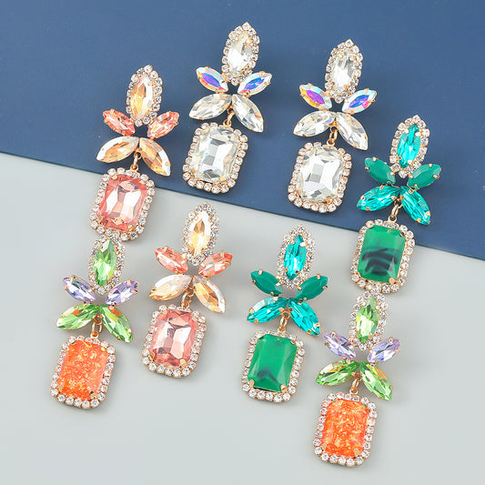 Fashion Colorful Diamond Alloy Flower Square Geometry Earrings For Women - Hair Your Lux