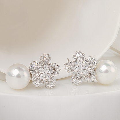 Stunning Pearl And Crystal Cubic Zirconia Stud Earrings Luxury Snowflake Fashion Jewelry - Hair Your Lux