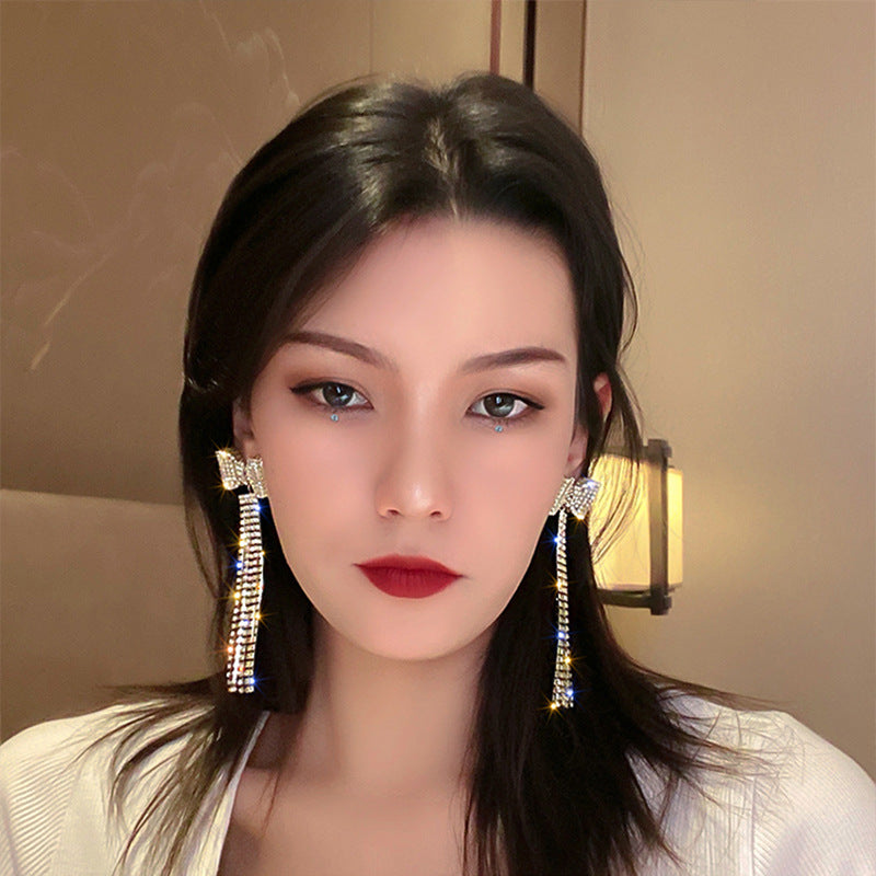 European And American Exaggerated Long Full Diamond Bow Tassel Earrings New Trendy Elegant High Sense Elegant Earrings Earrings For Women - Hair Your Lux