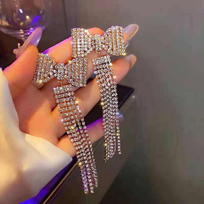 European And American Exaggerated Long Full Diamond Bow Tassel Earrings New Trendy Elegant High Sense Elegant Earrings Earrings For Women - Hair Your Lux