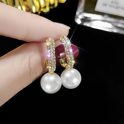 Sterling Silver Needle Diamond C- Shaped Pearl Earrings For Women Japanese And Korean Style Graceful Online Influencer Ear Rings Simple Cold Style Earrings - Hair Your Lux