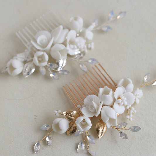 Ceramic Jasmine Flower Hair Comb Decorative Handmade Jewelry Accessory For Wedding and Social Events Parties Proms Date Nights - Hair Your Lux