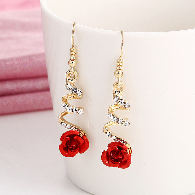 Fashion Jewelry Ethnic Red Rose Drop Earrings Big Rhinestone Earrings Vintage For Women Rose Gold Spiral Dangle Earring - Hair Your Lux