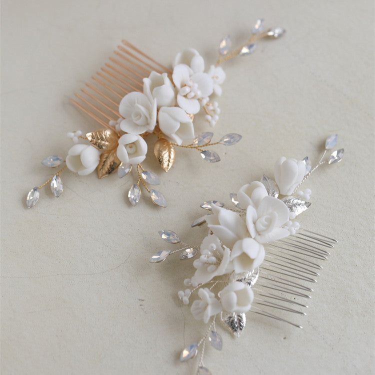 Ceramic Jasmine Flower Hair Comb Decorative Handmade Jewelry Accessory For Wedding and Social Events Parties Proms Date Nights - Hair Your Lux