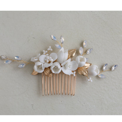 Ceramic Jasmine Flower Hair Comb Decorative Handmade Jewelry Accessory For Wedding and Social Events Parties Proms Date Nights - Hair Your Lux