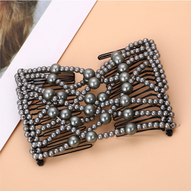 Magic Hair Combs, Vintage Stretch Beaded Hair Combs Elastic Pearls Hair Clips Stretchy Bead Hair Pins Double Slides Hair Combs for Women Ladies Girls DIY Hair Styling Accessories - Hair Your Lux