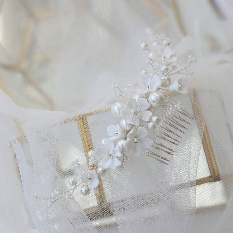 White Ceramic Flower Bridal Hair Comb Shell - Hair Your Lux