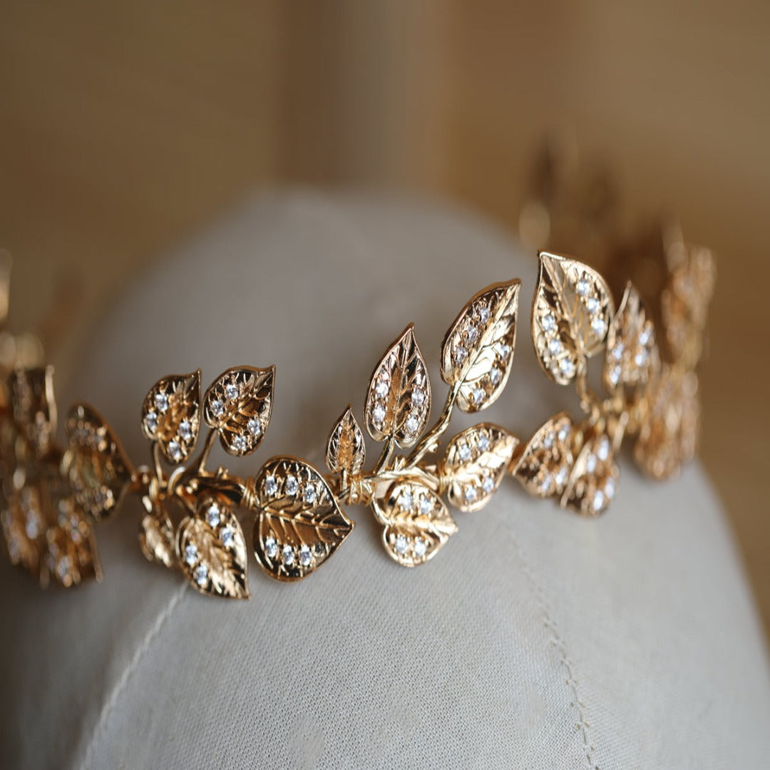 Wedding Hair Accessories Leaf Pearl Headband Gold Color Baro - Hair Your Lux