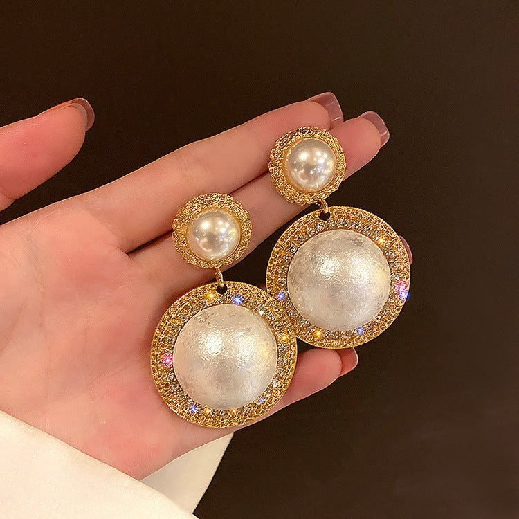 Large Faux Pearl Clear Crystal Round Stud Earrings in Gold Tone - Hair Your Lux