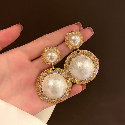 Large Faux Pearl Clear Crystal Round Stud Earrings in Gold Tone - Hair Your Lux