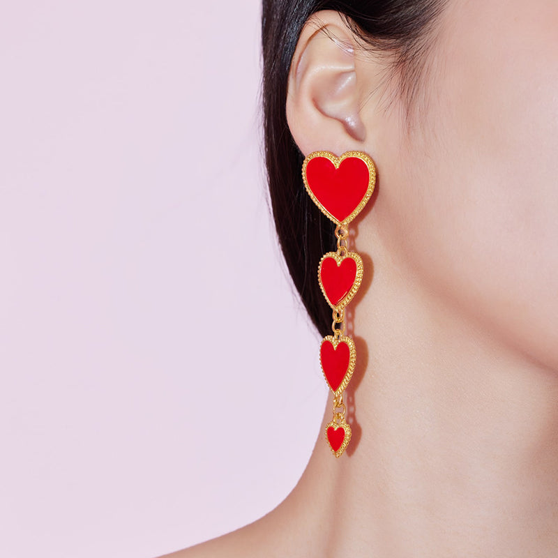 Interlocking Enamel Red Heart Pendant Long Tassel Statement Earrings For Women - Hair Your Lux