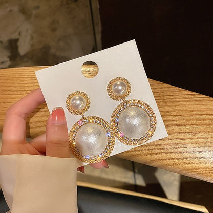 Large Faux Pearl Clear Crystal Round Stud Earrings in Gold Tone - Hair Your Lux