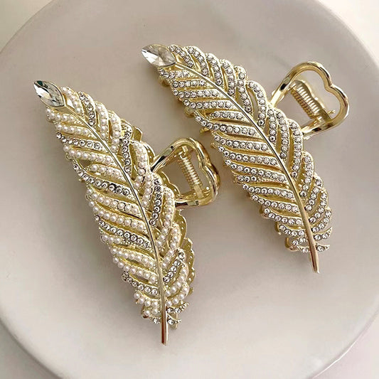 Feather Hair Grip Clamp With Outstanding Pearl and Crystal Diamond Accents - Hair Your Lux